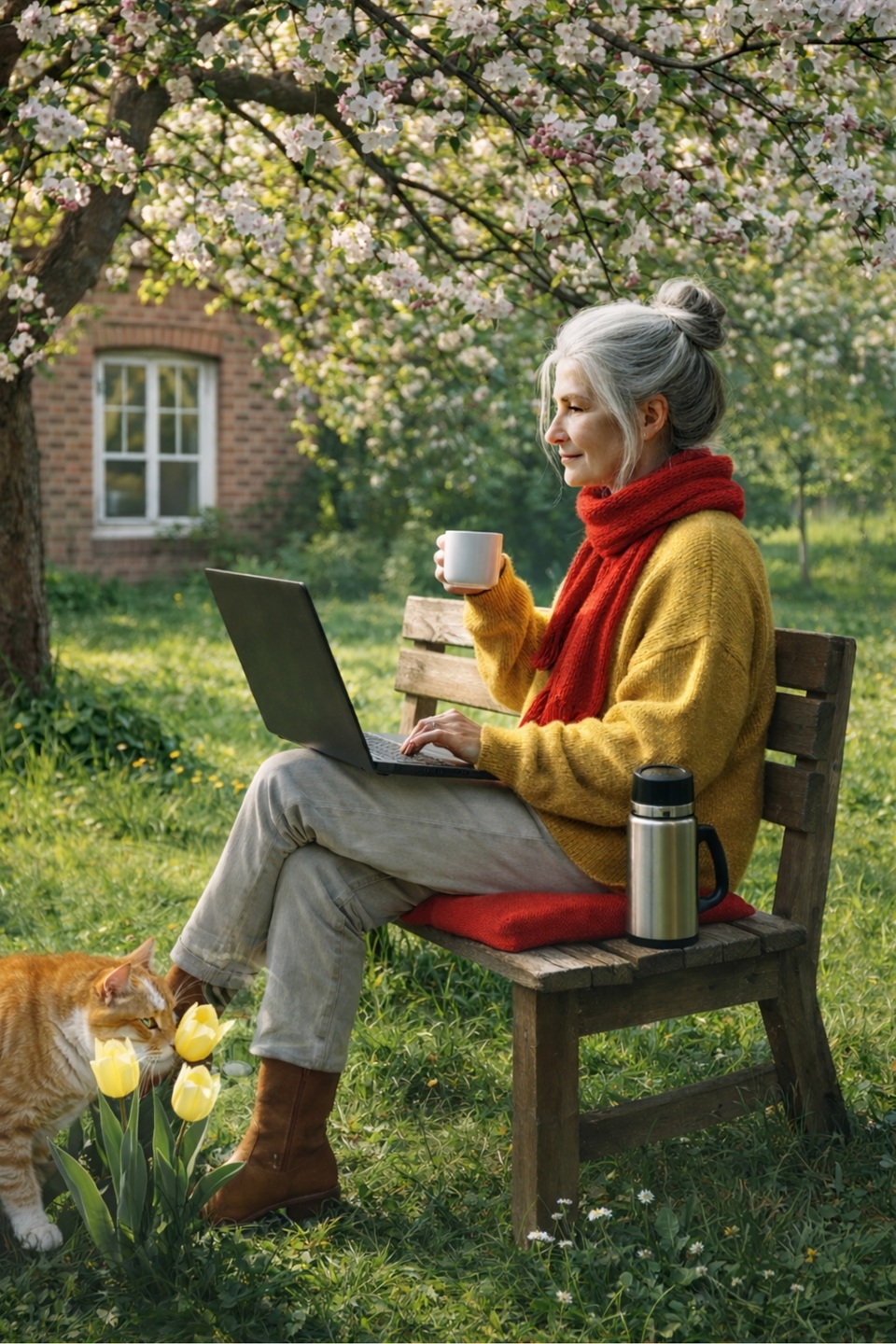 Eine Frau arbeitet nebenberuflich als Lektorin. Sie sitzt mit einem Notebook und Teetasse auf einer Bank im Garten. KI-generiert.